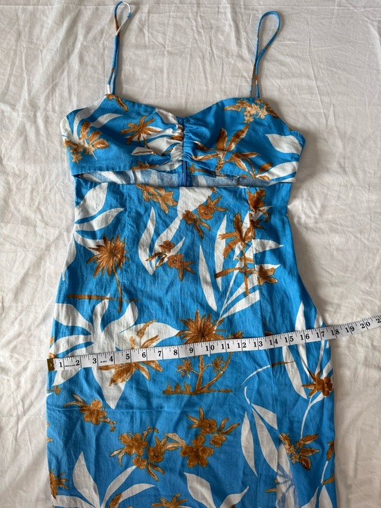Zara Blue Tropical Palm Print Midi Dress Size M Spaghetti Strap Ruched Bust - Picture 5 of 10